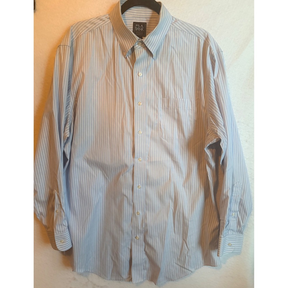 Jos A Bank Traveler Tailored Fit Dress Shirt Mens 17-34 Blue White Striped
